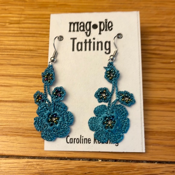Mag Pie Tatting Jewelry - Blue delicately crocheted earrings with small beads. Never worn.